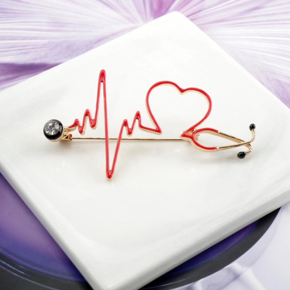 Red Heartbeat Stethoscope Brooch Lapel Pin - Picture 6 of 16